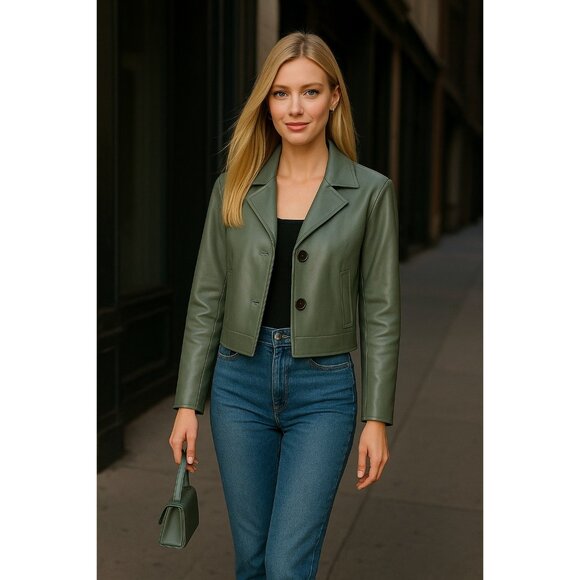 Vince Lambskin Cropped Leather Flight Jacket Muted Gray XXS Qversized New W Tags - Picture 5 of 11